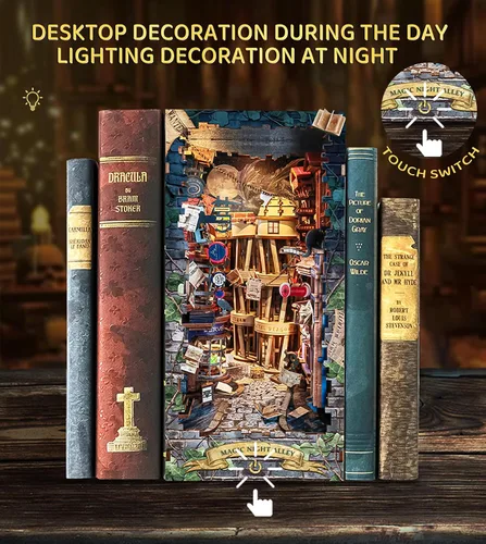 Vista 5 de Spilay - Kit de rincón de libro para adultos, Magic Night Lane DIY Kit de casa en miniatura With Warm LED Light, DIY Wooden Craft for Bookshelf
