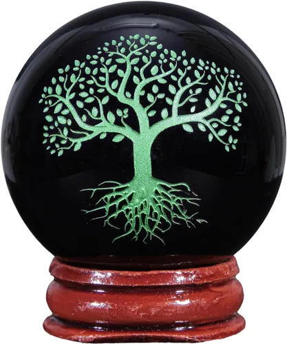 Vista 9 de Rockcloud Bola de meditación con esfera de piedra de obsidiana negra con base de madera para decoración del hogar