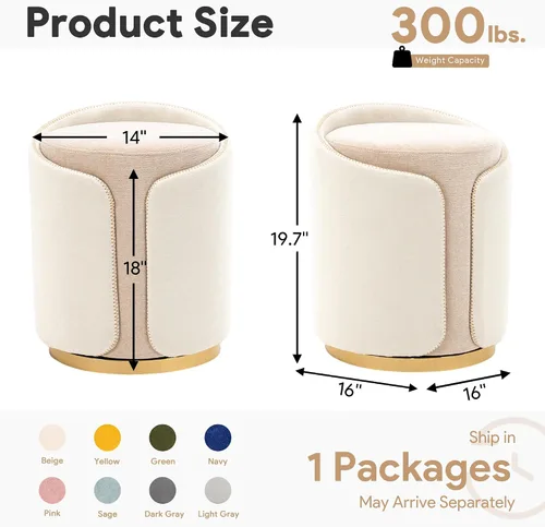 Vista 2 de Taburete Giratorio de Tocador con Base Dorada Cómoda Silla de Tocador Taburete Redondo Moderno para Tocador de Maquillaje Otomana de Tocador Beige