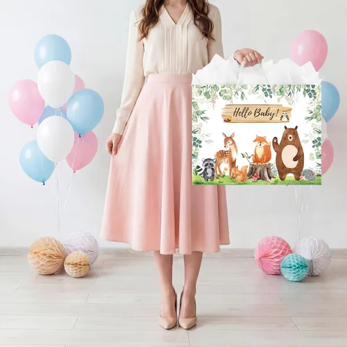 Vista 6 de Laidans Bolsa de regalo de 16.5 pulgadas para baby shower o cumpleaños con asa, papel de seda y tarjeta de felicitación