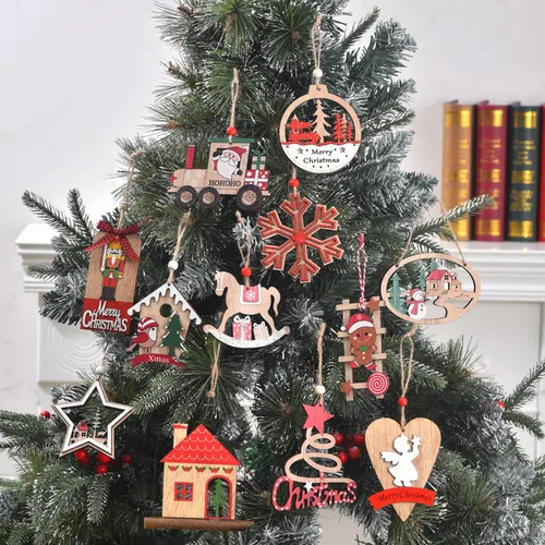 Vista 6 de IDATOO Adornos de Navidad, 12 piezas de decoraciones de árbol de Navidad de madera, juegos de adornos de Navidad rústicos de granja de estilo 3D