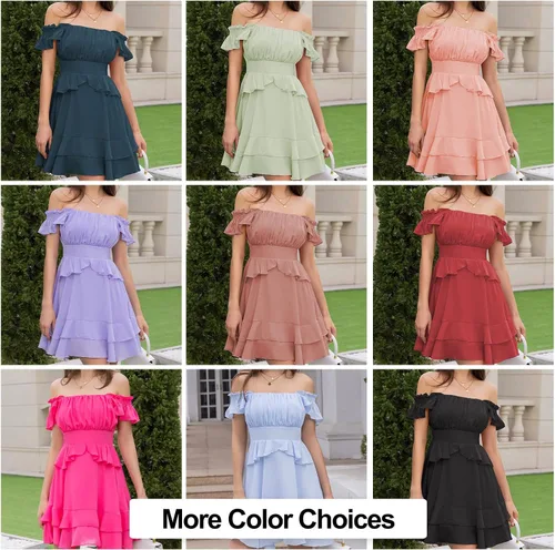 Vista 9 de Byinns Vestido de verano con volantes para mujer, vestido escalonado, hombros descubiertos, sin mangas, vestido fluido