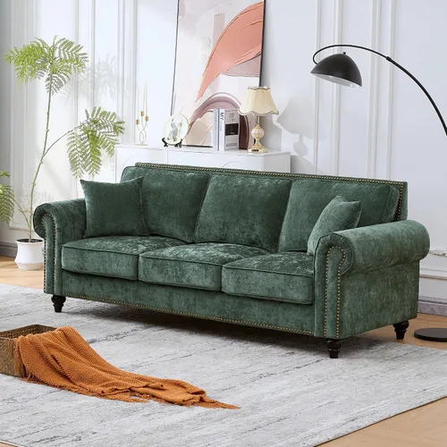Vista 13 de Juego de sofá moderno y sofá biplaza Chesterfield de chenilla de lujo, cómodo juego de sofá tapizado con asiento profundo con reposabrazos Verde