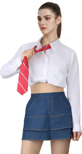 Vista 5 de Conjunto de disfraz de uniforme escolar para mujer, camisa de cosplay de Halloween, abrigo, falda, trajes de corbata