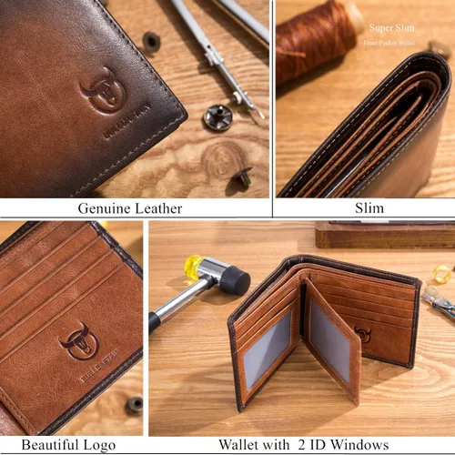 Vista 6 de BULLCAPTAIN Carteras RFID para hombres Slim Bifold Cuero Genuino Bolsillo Frontal Cartera con 2 ID Windows QB-05, Marrón, Retro