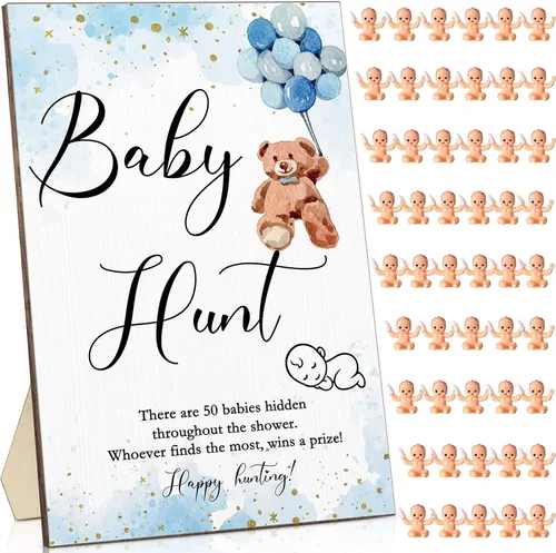 Vista 10 de Roowest Los juegos de baby shower de 51 piezas incluyen letrero de caza de madera, 50 mini juegos de plástico para baby shower, revelación