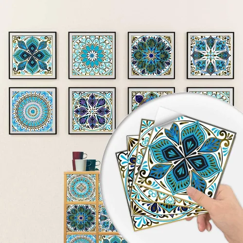 Vista 4 de 25 calcomanías de azulejos estilo mandala, murales tradicionales de bricolaje de 4 x 4 pulgadas, azulejos impermeables a prueba de aceite, Mtl-01