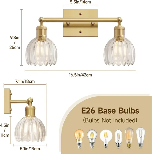 Vista 2 de Lámparas de baño vintage, 2 luces rústicas de tocador para baño, pasillo, luces de tocador de latón de 16.5 pulgadas, lámparas de tulipán
