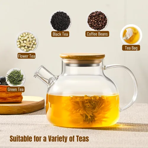 Vista 5 de PARACITY Tetera de vidrio para estufa de 600 ml/20 oz, hervidor de té transparente de borosilicato con tapa de bambú, tetera de vidrio con pico