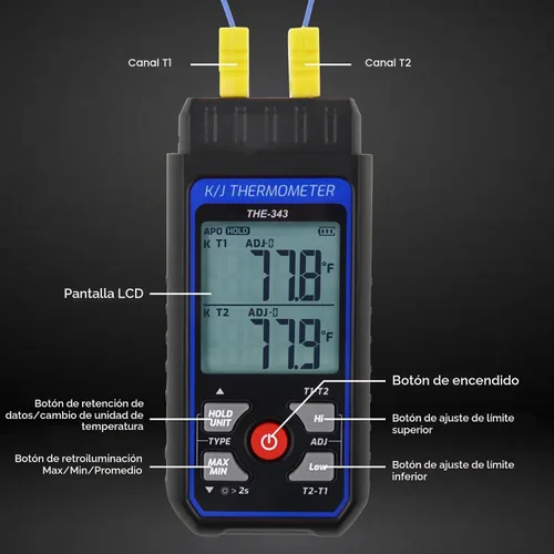 Vista 4 de Termómetro de termopar digital tipo K/J con termopar tipo 4 K, termómetro HVAC con alarma y compensación de adj, medidor de temperatura -328°F ~