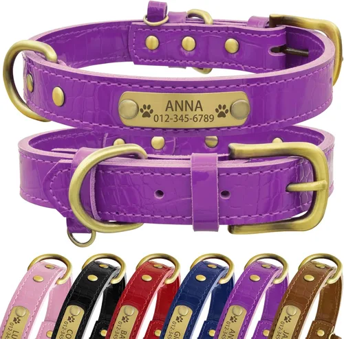 Vista 9 de Collar de perro de cuero genuino personalizado Senristar con placa de nombre grabada - Collar para perro duradero y elegante personalizado para Negro
