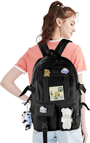 Vista 6 de AoMoon Mochila kawaii preciosa mochila pastel para adolescentes y niñas, estética, para estudiantes, con pin Kawaii y accesorios lindos, Negro C
