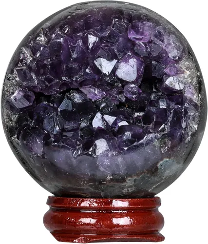 Vista 8 de Nupuyai Esfera decorativa de cristal de amatista con soporte de madera, escultura de piedra esfera, bola de cuarzo para decoración de oficina