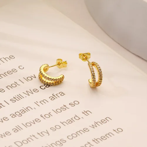 Vista 4 de Gold Double Huggie Earrings for Women, Small 14k Gold Plated Hoop Earring with Zircons, Mini Double Gold Hoop Earrings as Gift for Girls
