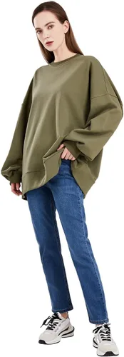 Vista 4 de utcoco Sudaderas de gran tamaño para mujer, de manga larga, cuello redondo, ajuste holgado, casual, color liso