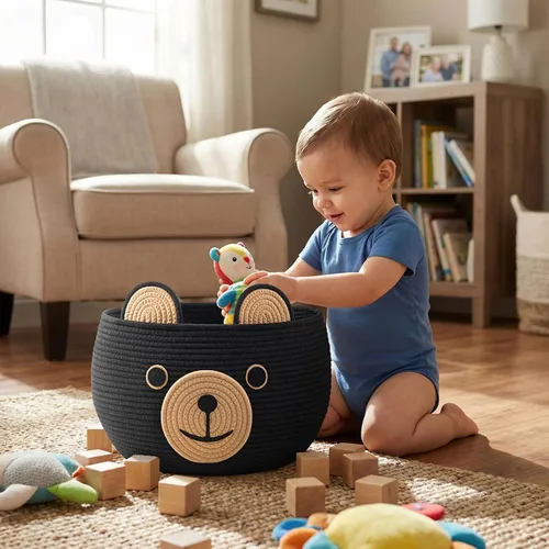 Vista 2 de CherryNow Cesta de cuerda tejida, cestas de oso para regalos vacías, cesta de almacenamiento grande para sala de estar, guardería, cestas
