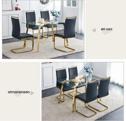 Vista 5 de Juego de mesa de comedor de 4, mesa rectangular de 51 pulgadas con superficie de vidrio templado y patas de metal dorado, mesa de cocina con 4