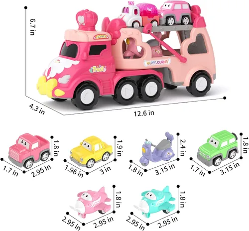 Vista 6 de usrela Juguetes para niñas de 2 a 3 años, camión de transporte 7 en 1 con luz y música, juguetes para niñas de 2 a 4 años, 3 a 5 años, camiones