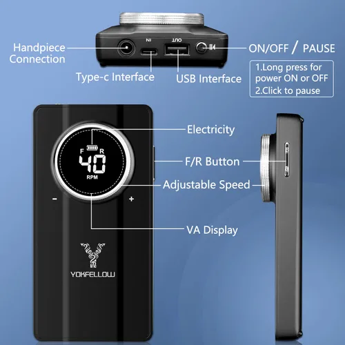 Vista 4 de Yokefellow - Taladro de uñas, profesional, portátil, 40000 RPM, máquina de taladro eléctrico de grabado para vidrio, color negro