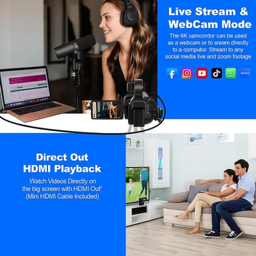 Vista 3 de Acuvar Videocámara 4K/6K – Cámara de vlogging de 64MP para YouTube, 60FPS, zoom 18X, WiFi, cámara web – Incluye micrófono, estabilizador, tarjeta