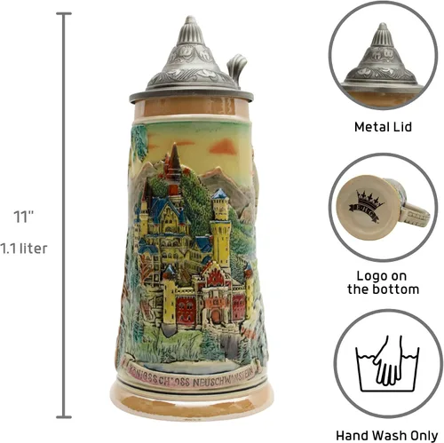 Vista 2 de Essence of Europe Gifts E.H.G OktoberfestHaus - Taza de cerveza grande de Ludwig's Neuschwanstein Schloss (castillo), grabado con tapa, diseño