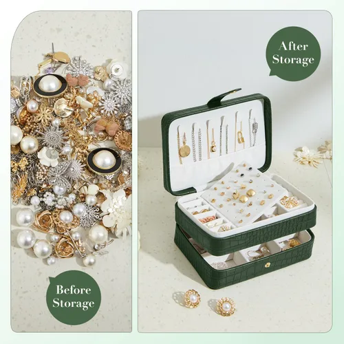 Vista 2 de Estuche organizador de joyas de viaje de piel sintética para mujeres y niñas, joyero portátil de 2 capas para aretes, anillos, collares, pulseras