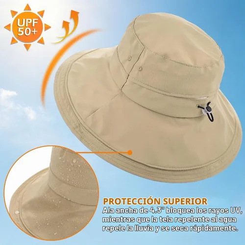 Vista 2 de Sombrero de ala ancha impermeable UPF 50+ para mujer con agujero para cola Camello