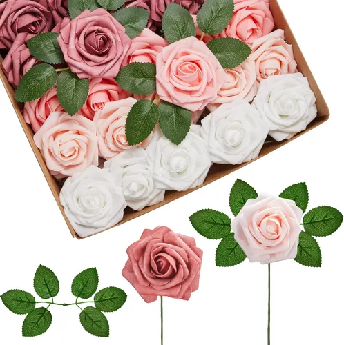 Vista 24 de InnoGear Flores artificiales, paquete de 50 unidades, rosas artificiales de espuma negras con tallos a granel para decoración, ramos de boda DIY