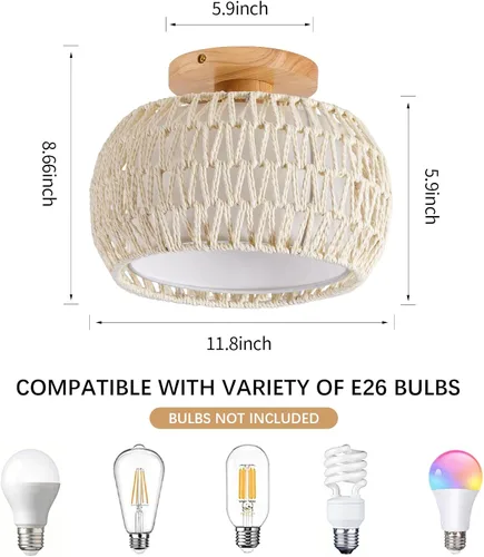 Vista 3 de Lámpara de techo de ratán bohemio, 3 opciones de estilo, luces de techo de mimbre semiempotradas, accesorios de luz costera beige, candelabro