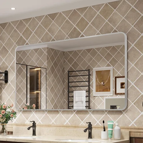 Vista 9 de Espejos con marco negro para baño, espejo rectangular de 55 x 30 pulgadas con esquinas redondeadas para pared, espejo de tocador negro mate