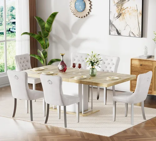 Vista 47 de Mesa de comedor extensible de 78.74 pulgadas para 6 8 y 10 pulgadas, moderna mesa de comedor extensible de granja con base de doble pedestal, mesa