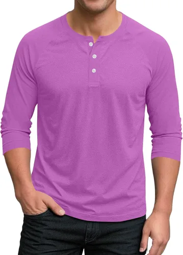 Vista 6 de Ctreela Camiseta Henley de manga 3/4 para hombre, estilo casual, ajustada, color sólido, manga larga, camiseta de béisbol
