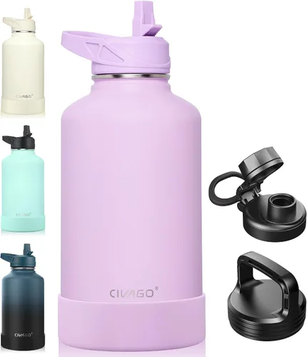 Vista 38 de CIVAGO Botella de agua aislada de 22 onzas con pajita, frasco de agua deportiva de acero inoxidable con 3 tapas