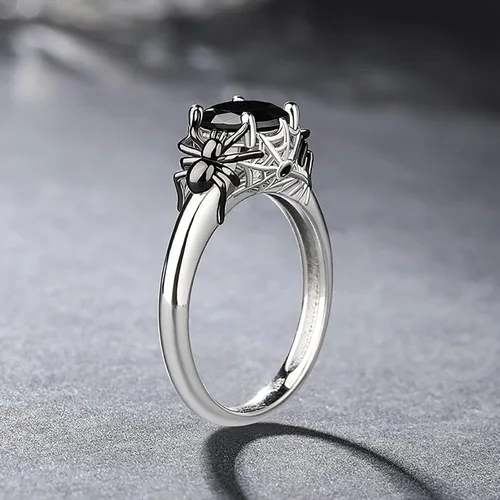 Vista 6 de Jeulia Anillo de plata de corte redondo anillo gótico de plata de ley Hug Me araña negra, anillo de moda para aniversario, compromiso, boda