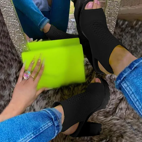Vista 3 de Aniywn Botas de plataforma con punta abierta para mujer, tacón alto grueso, botines de meter con espalda descubierta, transpirables, de tacón alto
