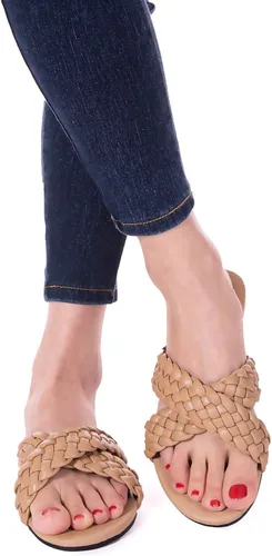 Vista 4 de Sandalias planas para mujer con tiras cruzadas de cuero trenzado color piel sandalias de moda para fiestas noche y bodas