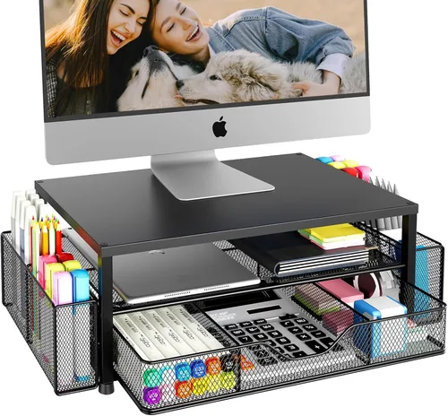 Vista 12 de OPNICE Soporte elevador de monitor doble con cajón y 2 soportes para bolígrafos, organizador de escritorio para suministros de oficina, soporte