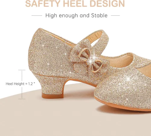 Vista 5 de Dufannie Zapatos de vestir para niñas, zapatos de tacón bajo de princesa, zapatos planos con purpurina para bodas y fiestas