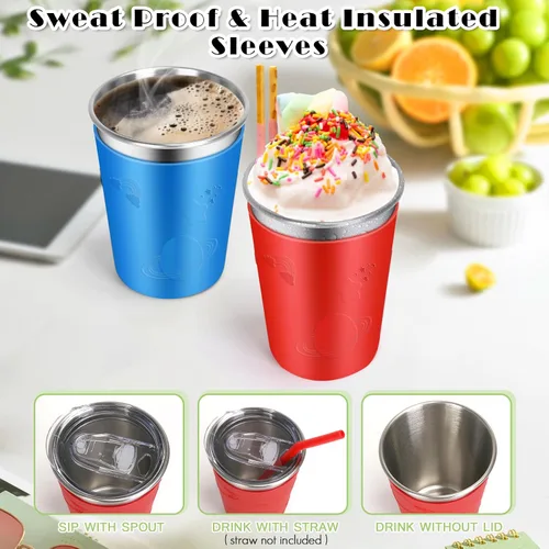 Vista 3 de ShineMe Vasos de acero inoxidable para niños, paquete de 2 tazas para niños con tapas y bonitas mangas de personajes espaciales, vasos antiderrames