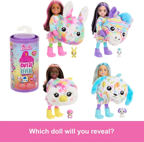 Vista 3 de Muñeca pequeña Barbie Chelsea Cutie Reveal de la serie Color Dream y accesorios, disfraz de peluche de animal y 6 sorpresas, incluyendo cambio