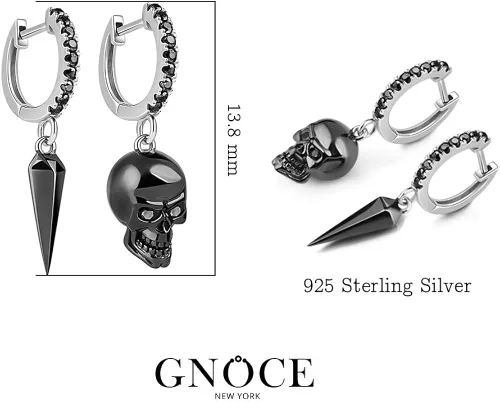 Vista 5 de Gnoce Juego de aretes de calavera y punzón de plata de ley chapada en negro Skull Love con circonita cúbica negra joyería de regalo para mujeres