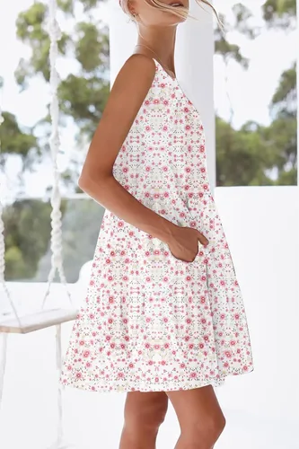 Vista 3 de nclook Vestido casual de verano para mujer, dulce y lindo, cómodo, cuello redondo, sin mangas, con bolsillo