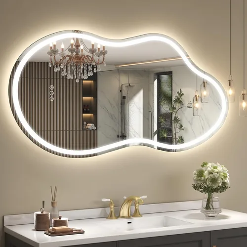Vista 15 de SMIROR Espejo de Baño Retroiluminado Irregular con Luces 20 x 32, Espejo de Tocador con Luz LED Asimétrica en Forma de Nube para Pared