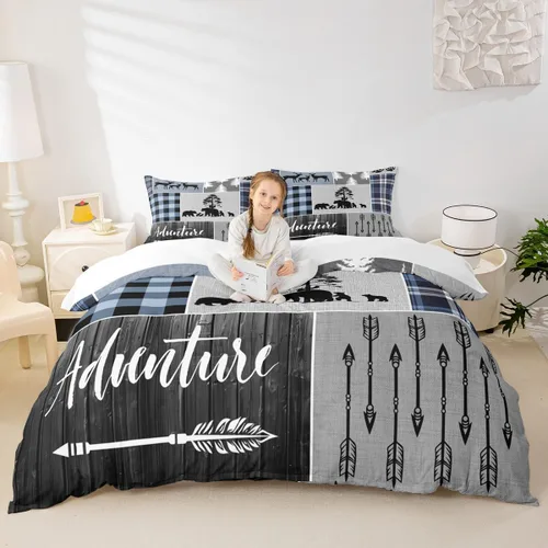 Vista 36 de Juego de funda de edredón para niños de ciervo, oso, lobo, tamaño individual, juego de ropa de cama de cabaña de aventura para niños, niñas