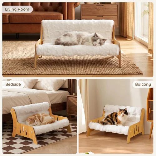 Vista 7 de Sofá cama elevada para gatos, sofá esponjoso para gatos, muebles de madera