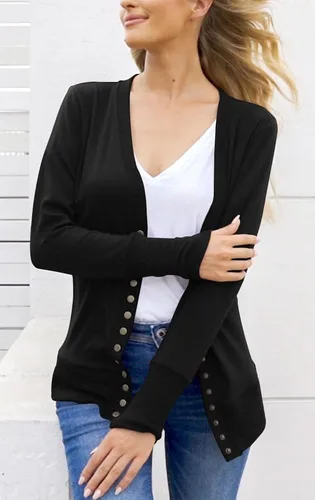 Vista 2 de NENONA - Suéter tipo cárdigan para mujer, con cuello en V, botones, de punto suave básico y de manga larga