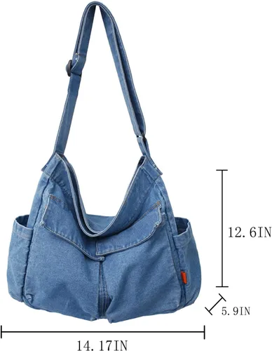 Vista 5 de Bolso de hombro de mezclilla de lona para mujeres y hombres, bolso de mano casual, retro, estético, bolso cruzado