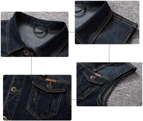 Vista 4 de Chaleco de mezclilla casual con botones para hombre, estilo vintage, sin mangas, con pantalones de mezclilla