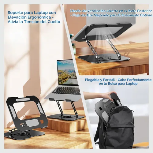 Vista 4 de Soporte giratorio de 360° para computadora portátil, elevador ergonómico de acero sólido resistente, soporte plegable para computadora portátil