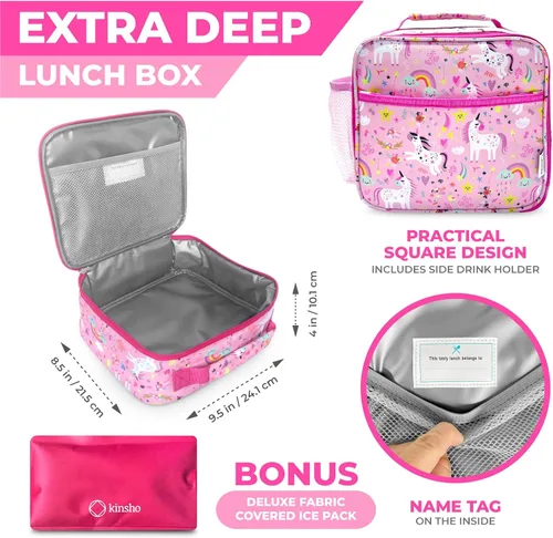 Vista 4 de kinsho Paquete de lonchera Bento para niñas de 3 años en adelante, (unicornio rosa) + bolsa de almuerzo para niñas con paquete de hielo